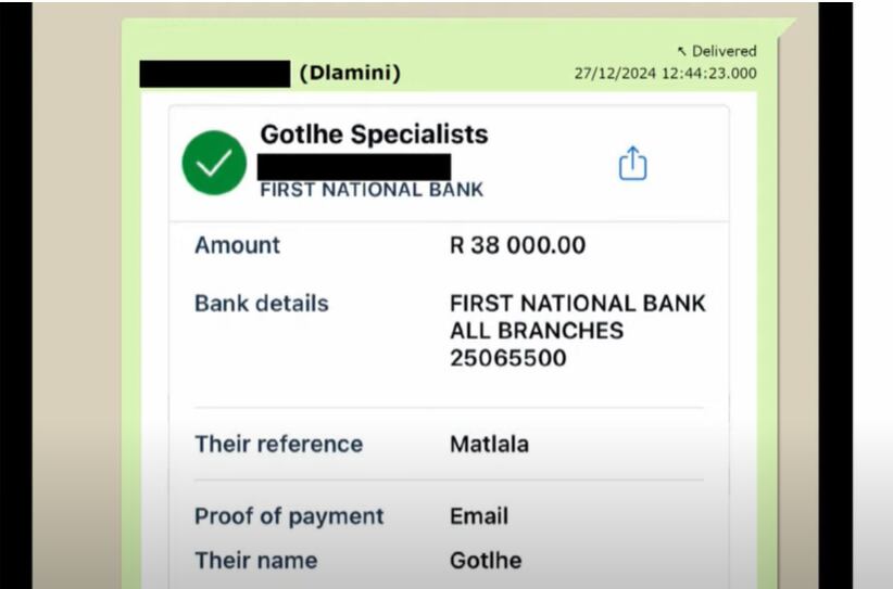 Proof of payment sent by Vusimuzi Matlala to Brown Mogotsi.
