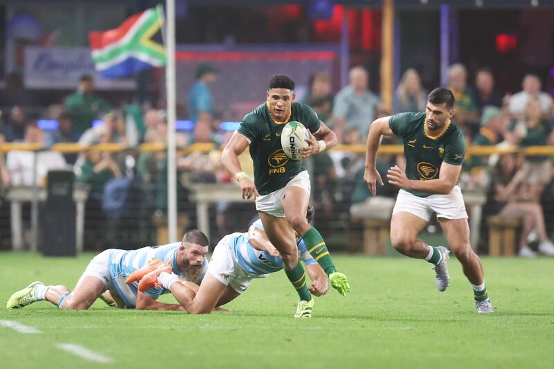 Sacha Feinberg-Mngomezulu leaves two Argentine players in his wake in Durban on Saturday. Picture: GALLO IMAGES/STEVE HAAG SPORTS
